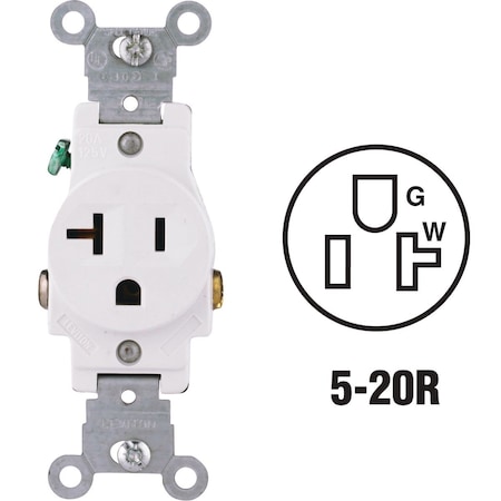 Leviton Straight Blade Receptacle, 5-20R, 20 A, 125V AC, 2 Pole, 3 Wire, Grounded S12-5801-KWS